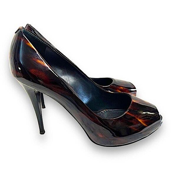 GIUSEPPE ZANOTTI Tortoise and Black Patent Peep Toe Heels SZ 7 - Picture 16 of 16